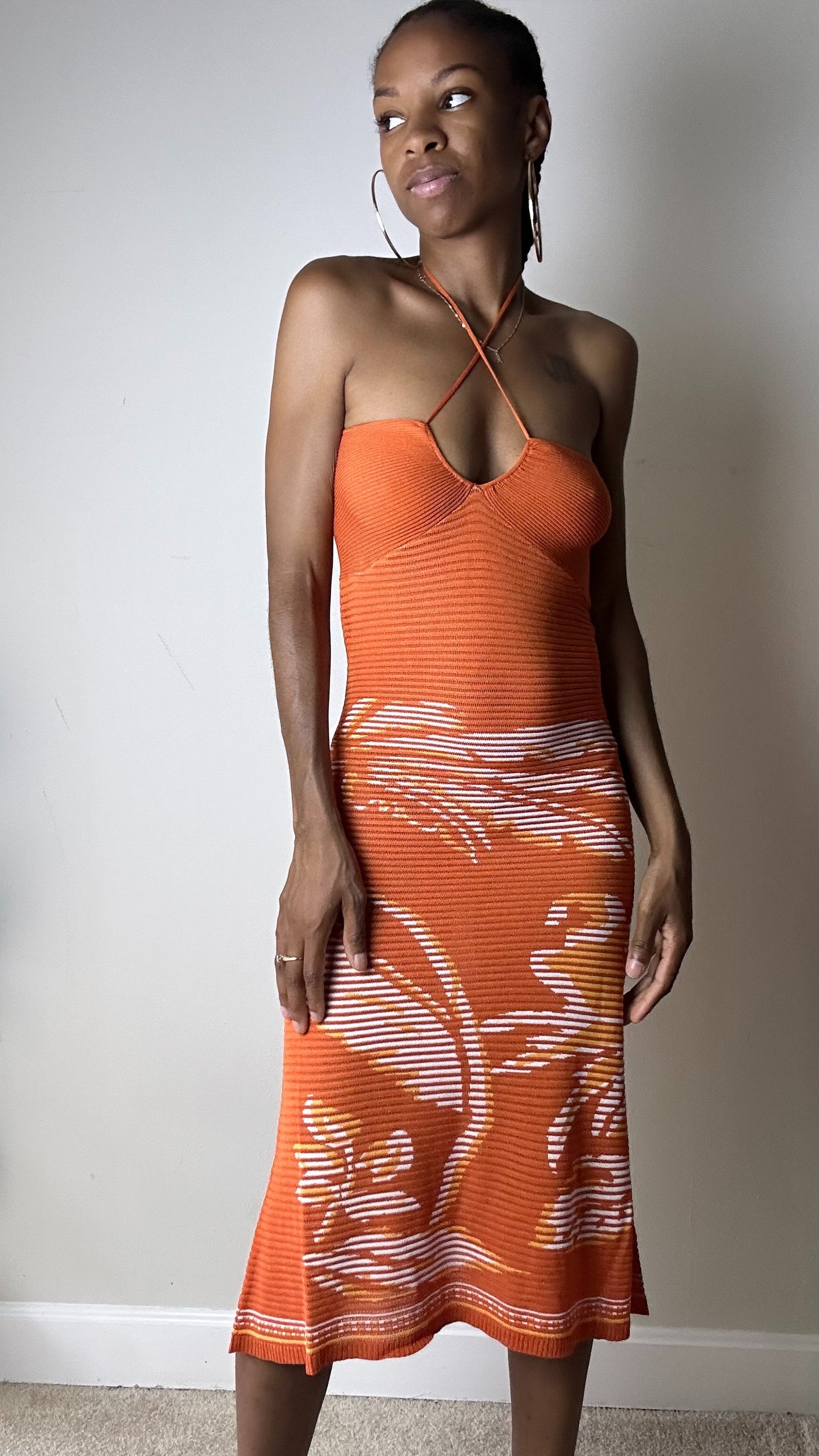 Orange Knit Midi Dress with Palm Print