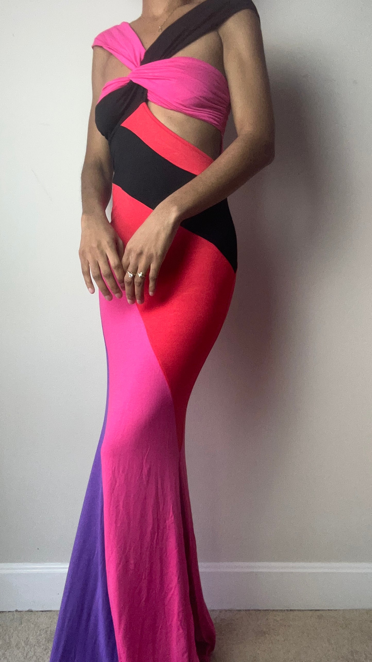 Candy Girl Pink Color Block Off Shoulder Maxi Dress