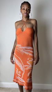 Island Vibe Orange Tropical Print Knit Midi Dress