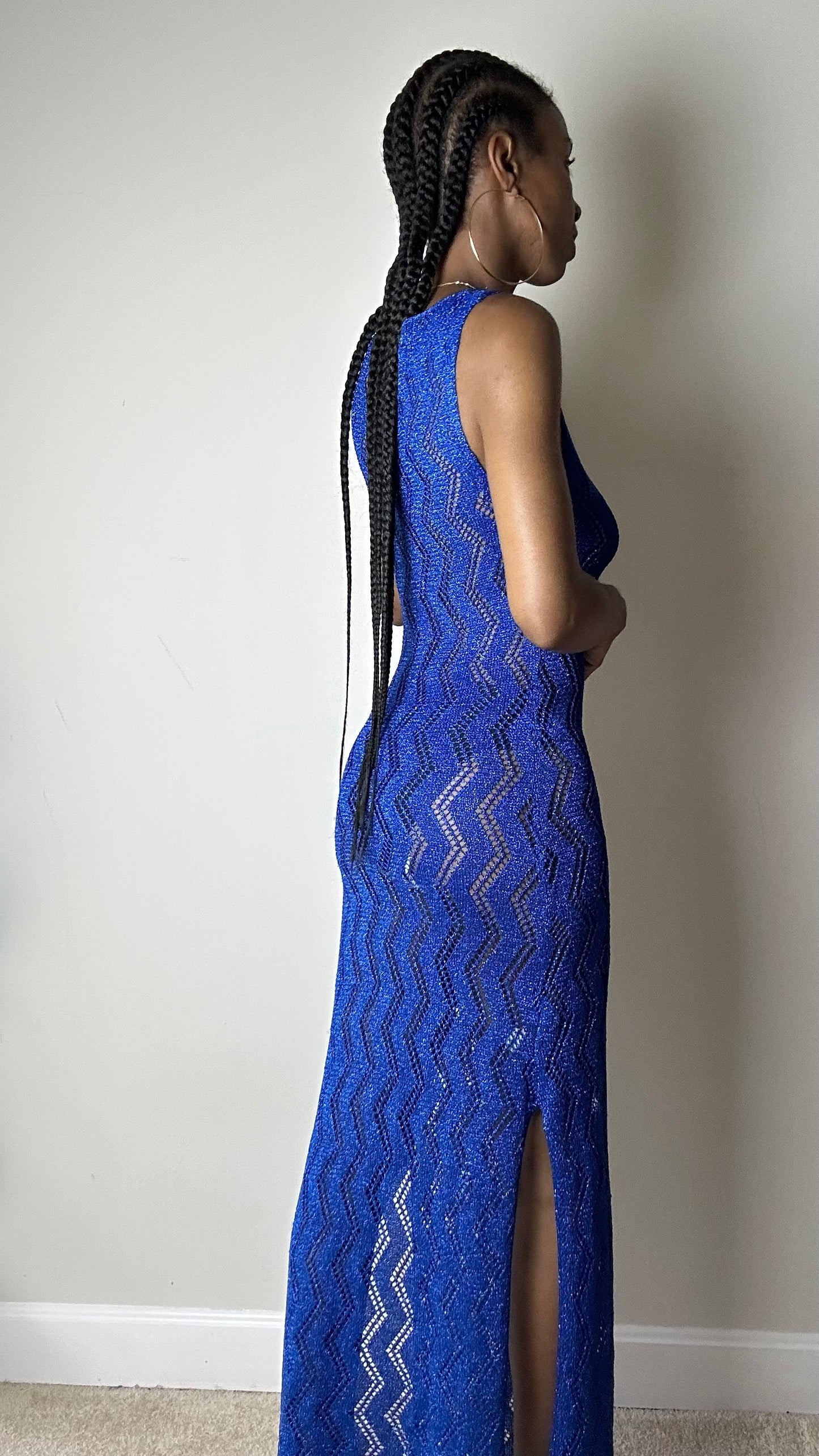 Ocean Blue Metallic Knit Crochet Maxi Dress