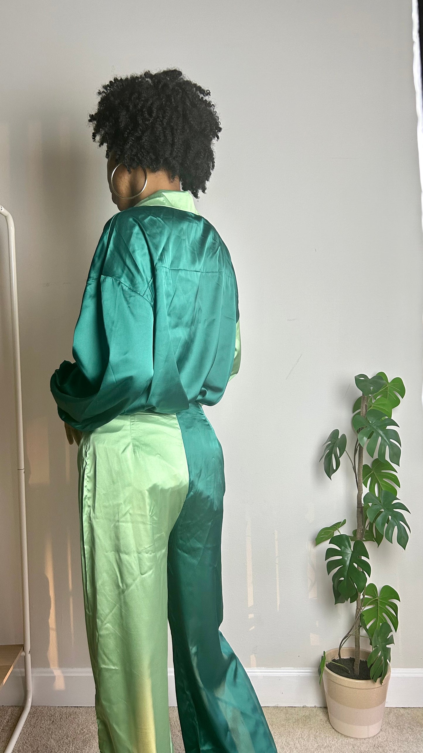 Emerald Green Color Block Satin Pant Set