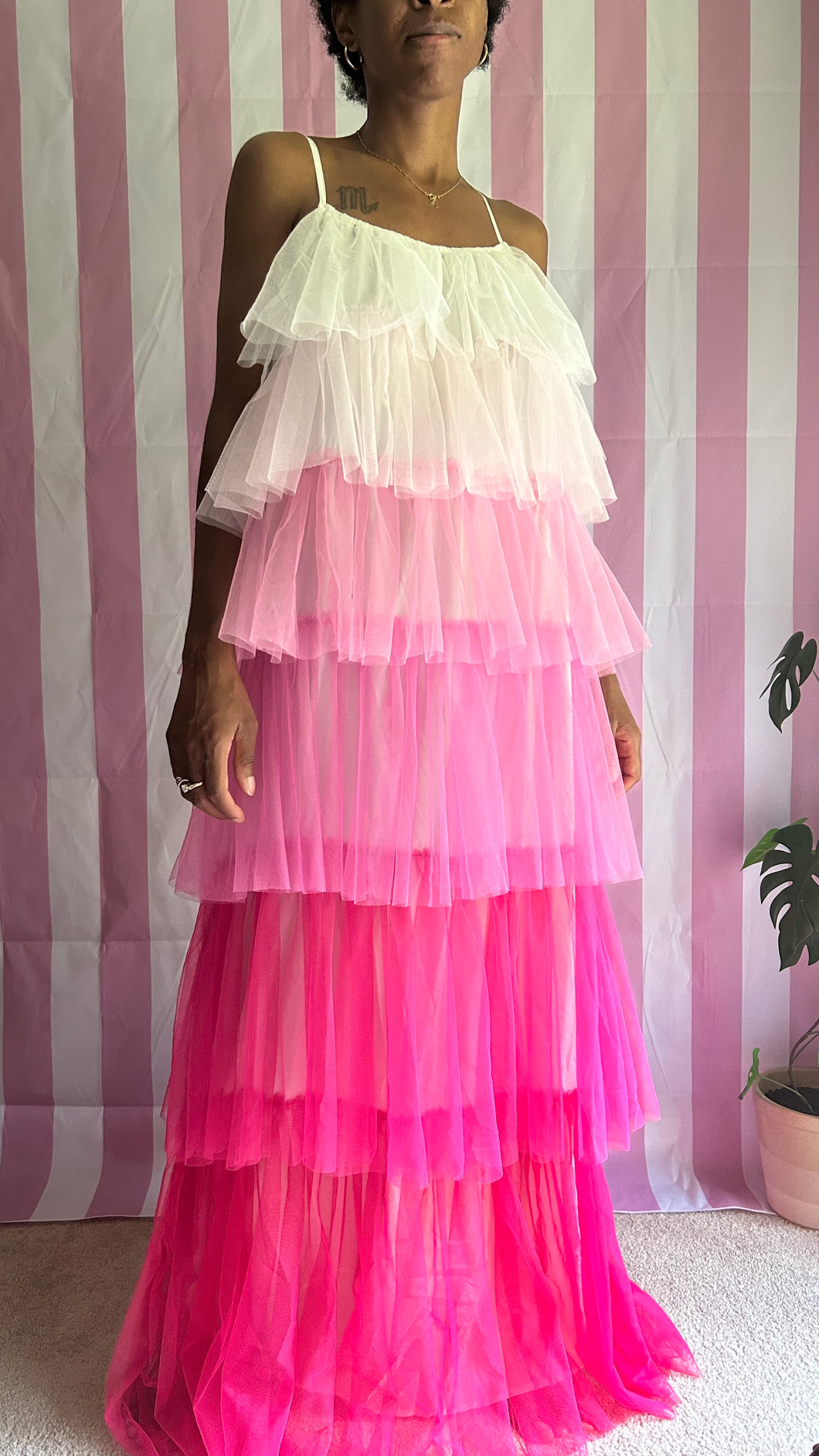 Pink Tiered Ruffle Tulle Maxi Dress
