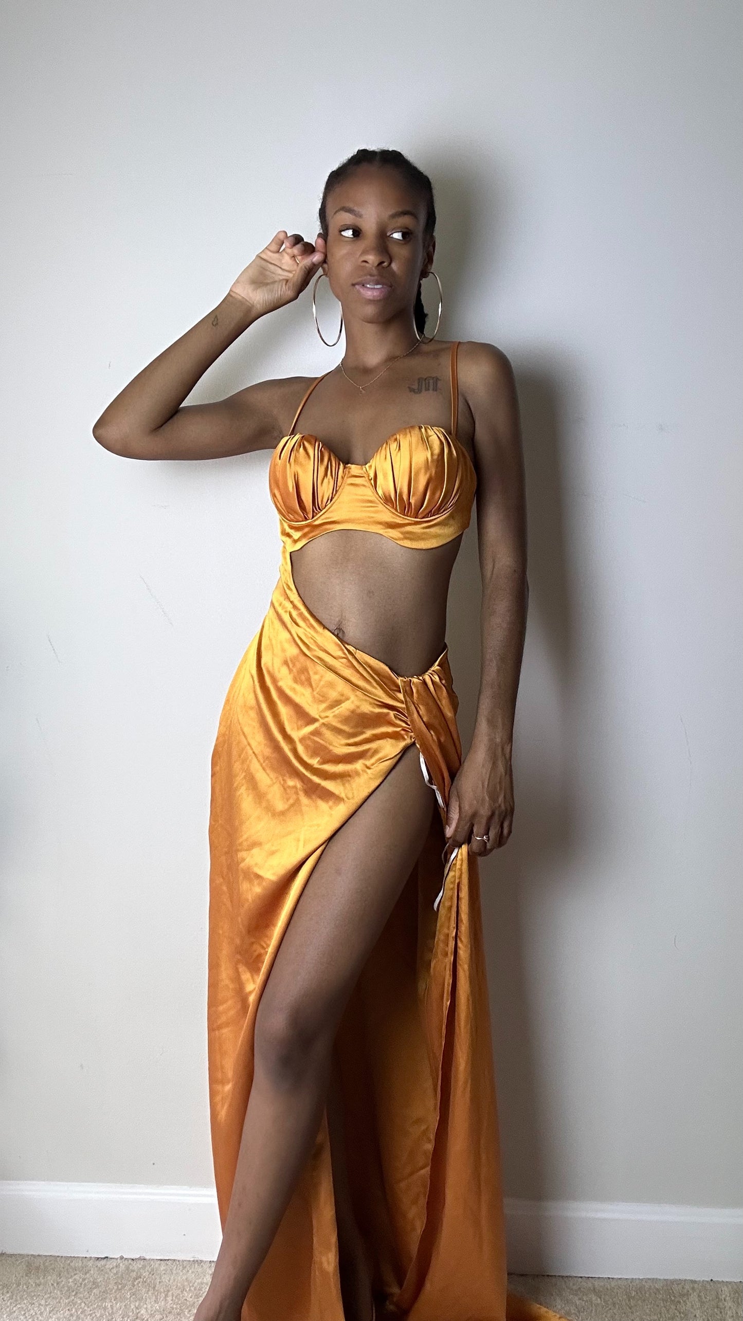 Marigold Satin Cutout Maxi Dress with Thigh Slit