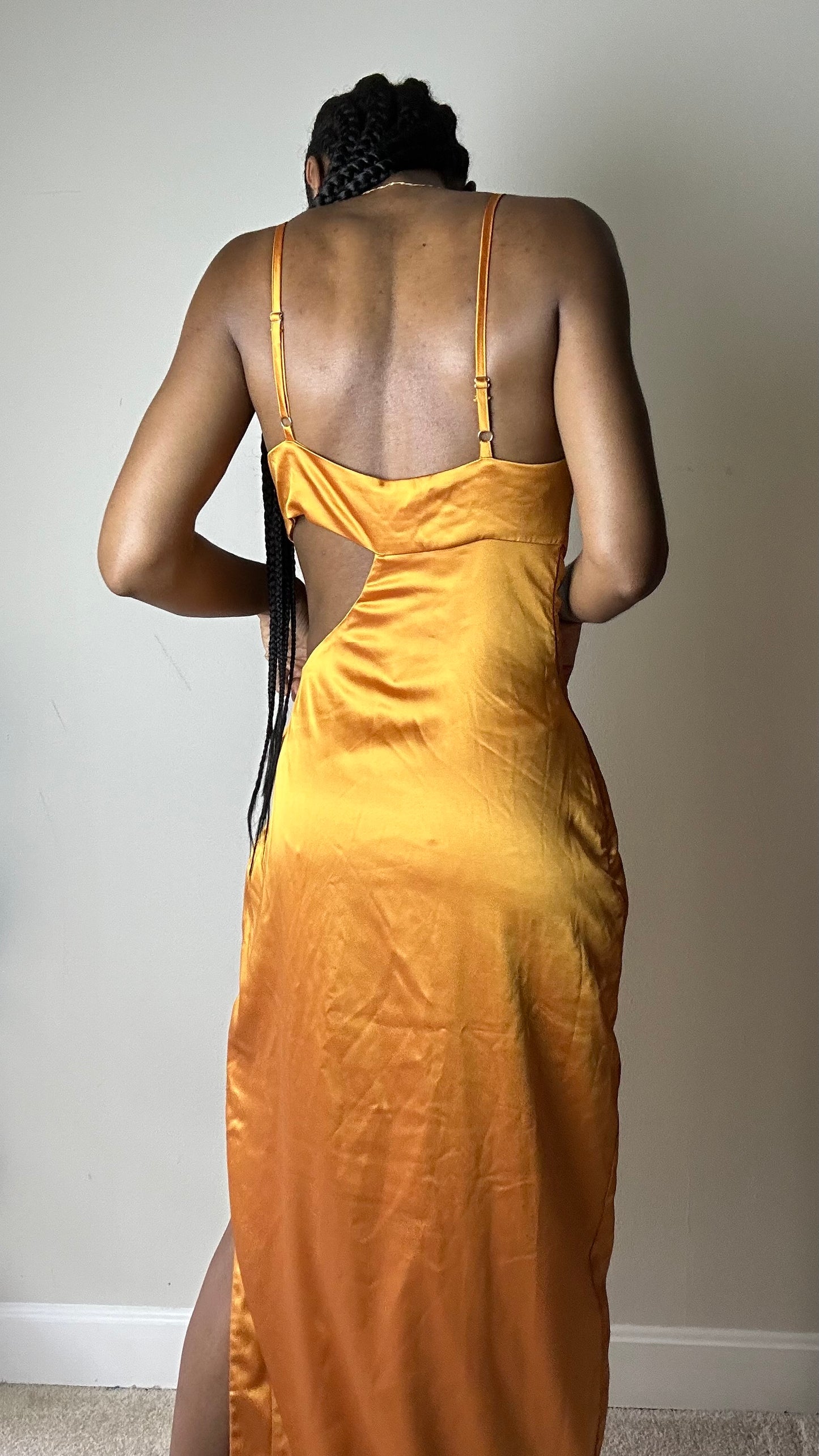 Marigold Satin Cutout Maxi Dress with Thigh Slit