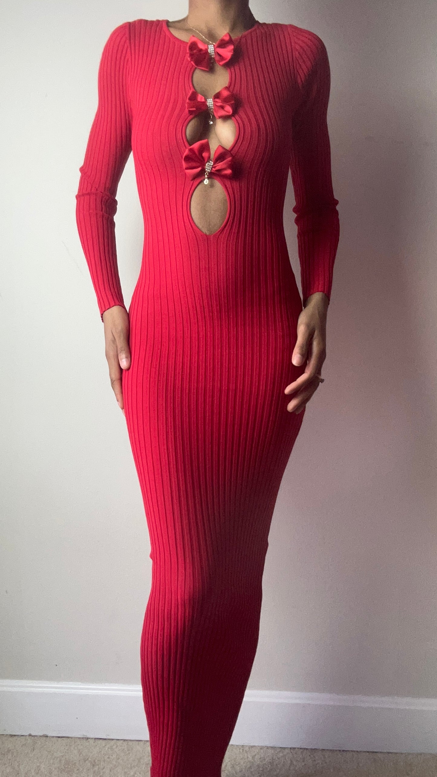 Red Bow Knit Cutout Maxi Dress