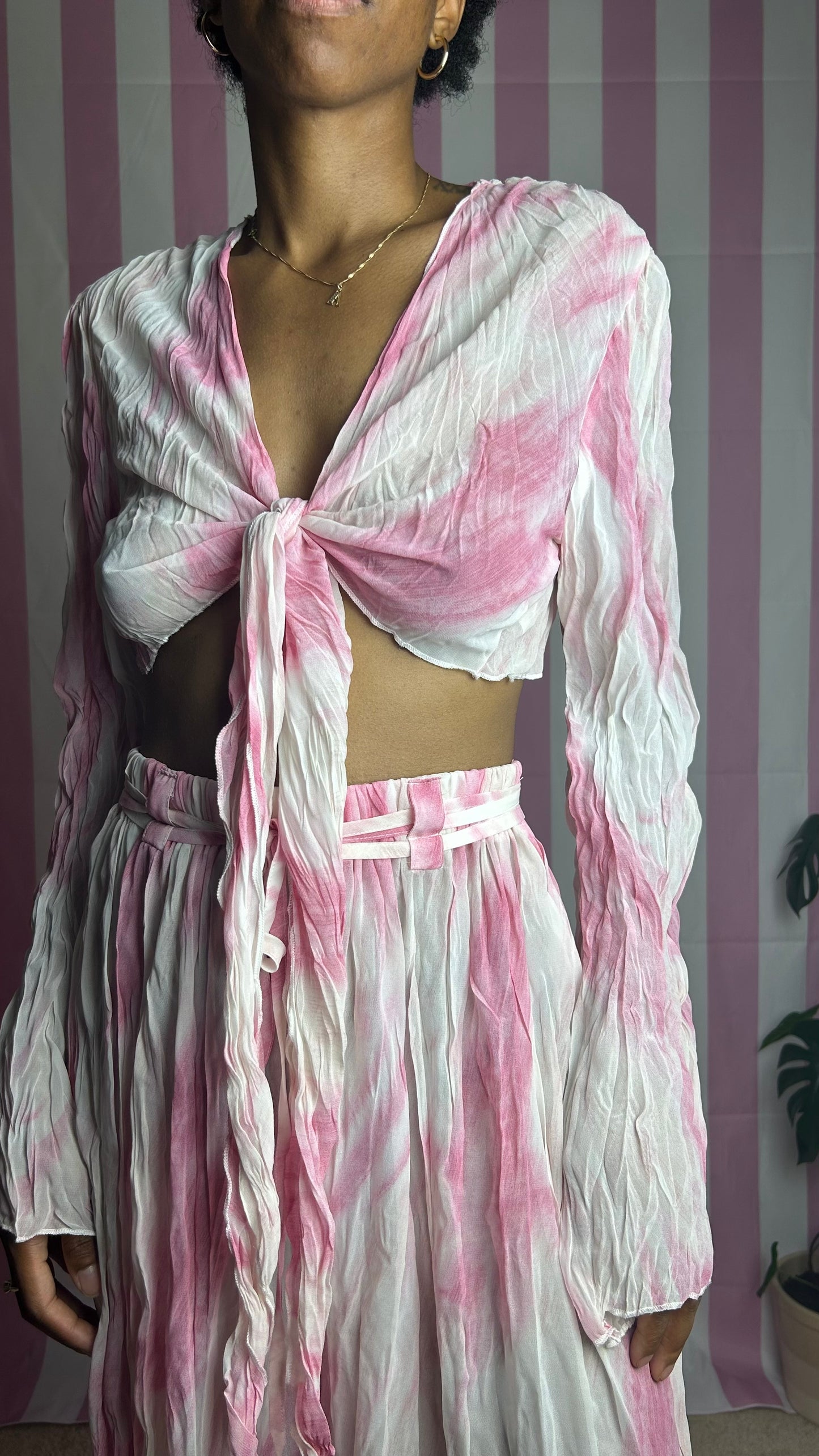 Pink Crinkled Tie Dye Flared Pant Set