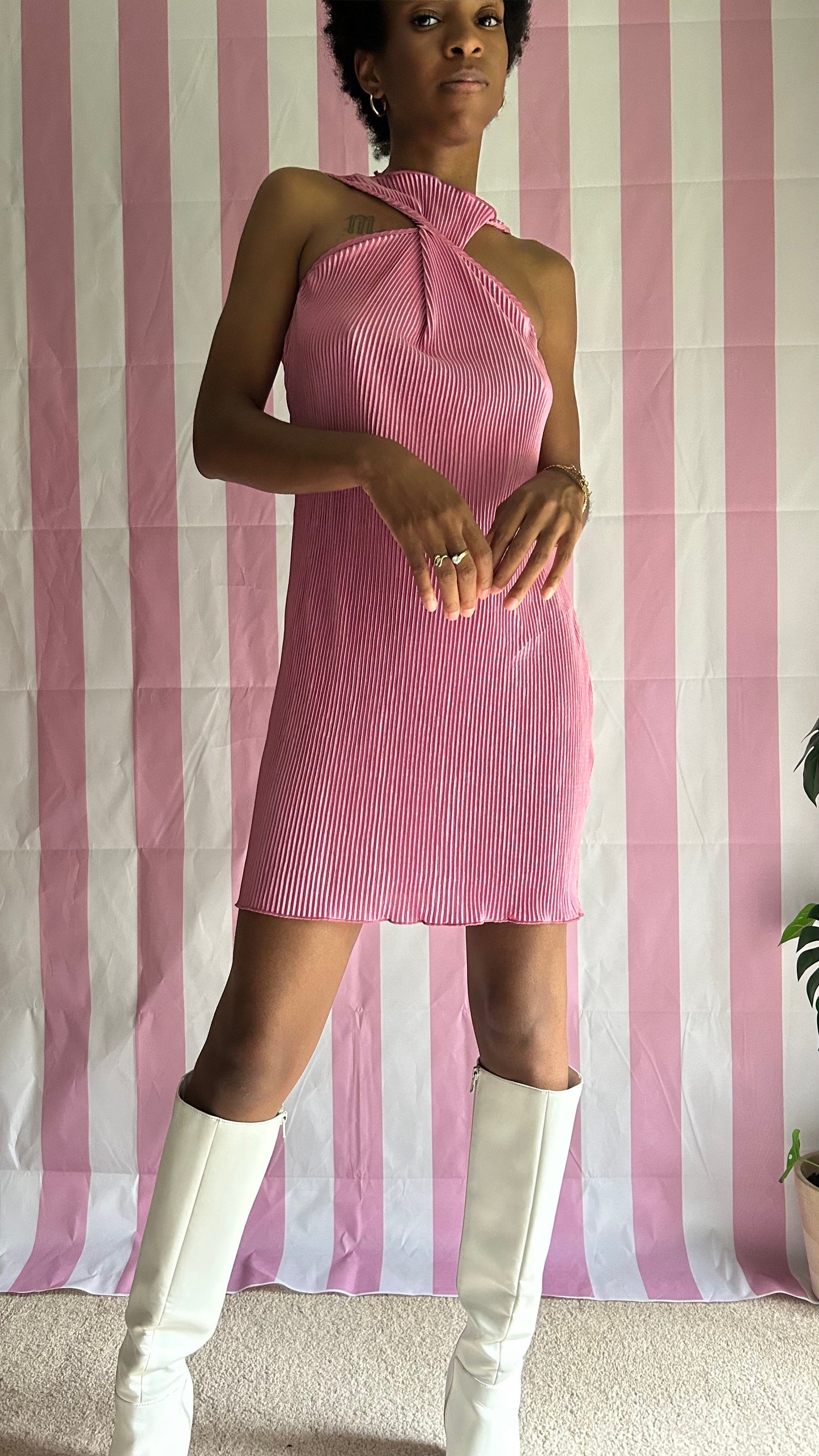 Pink Plisse Twisted Mini Dress