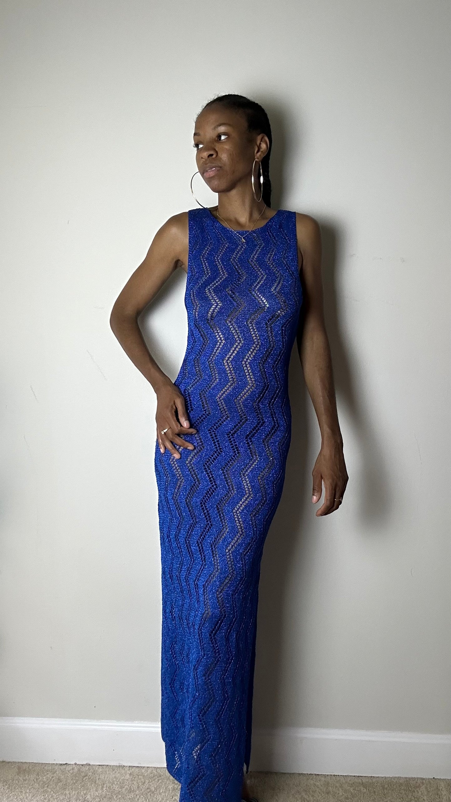 Ocean Blue Metallic Knit Crochet Maxi Dress