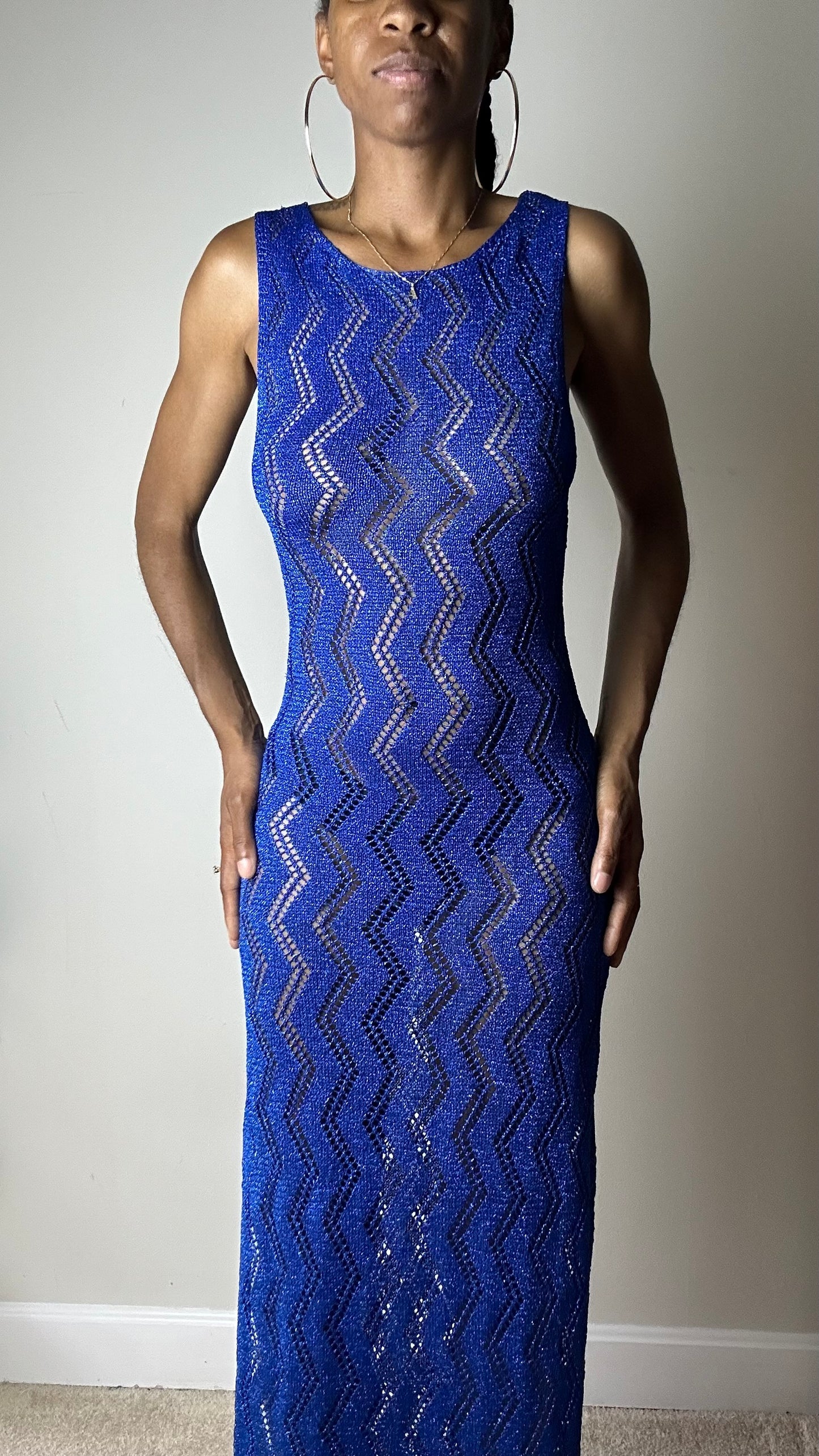 Ocean Blue Metallic Knit Crochet Maxi Dress