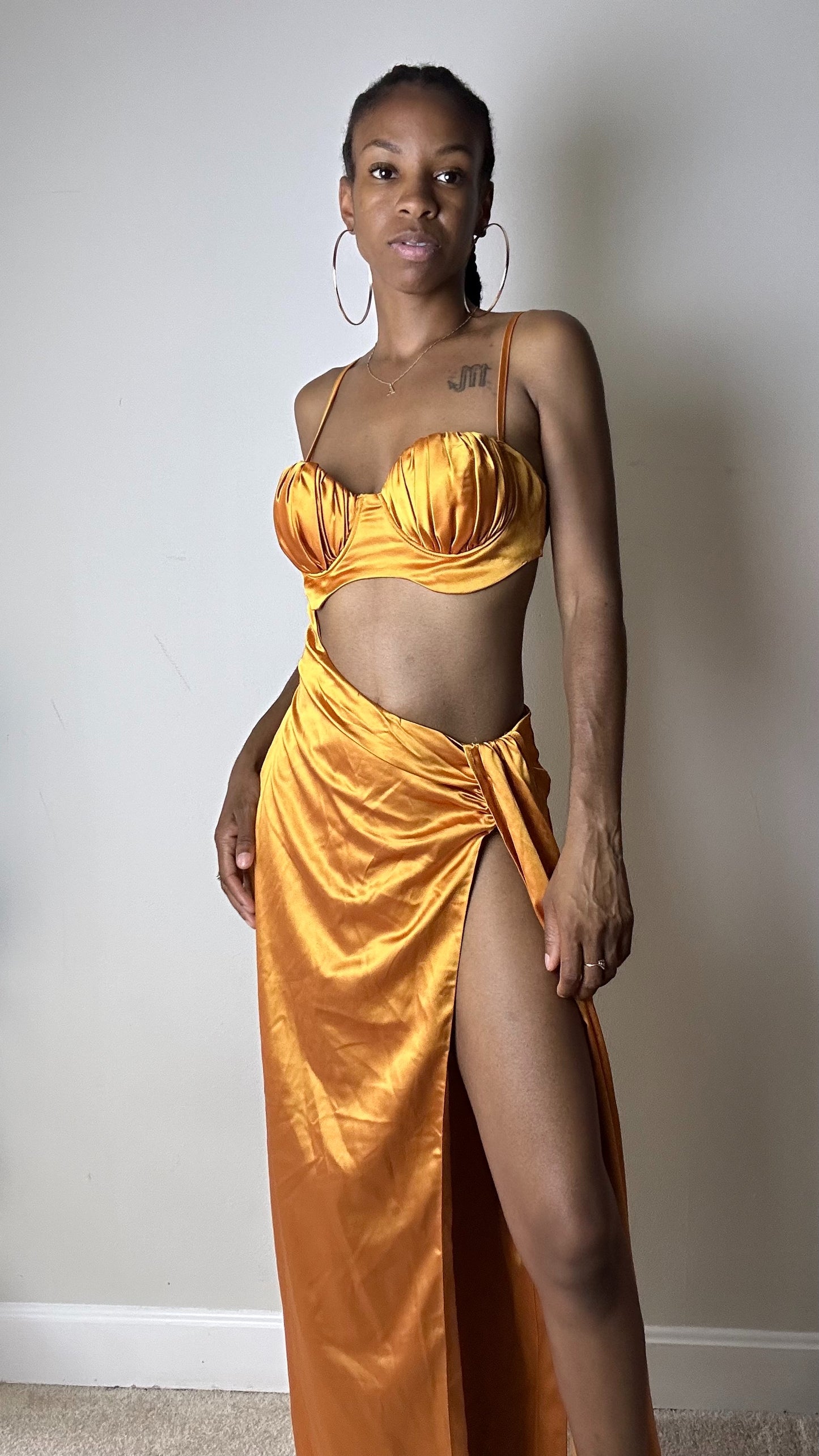 Marigold Satin Cutout Maxi Dress with Thigh Slit