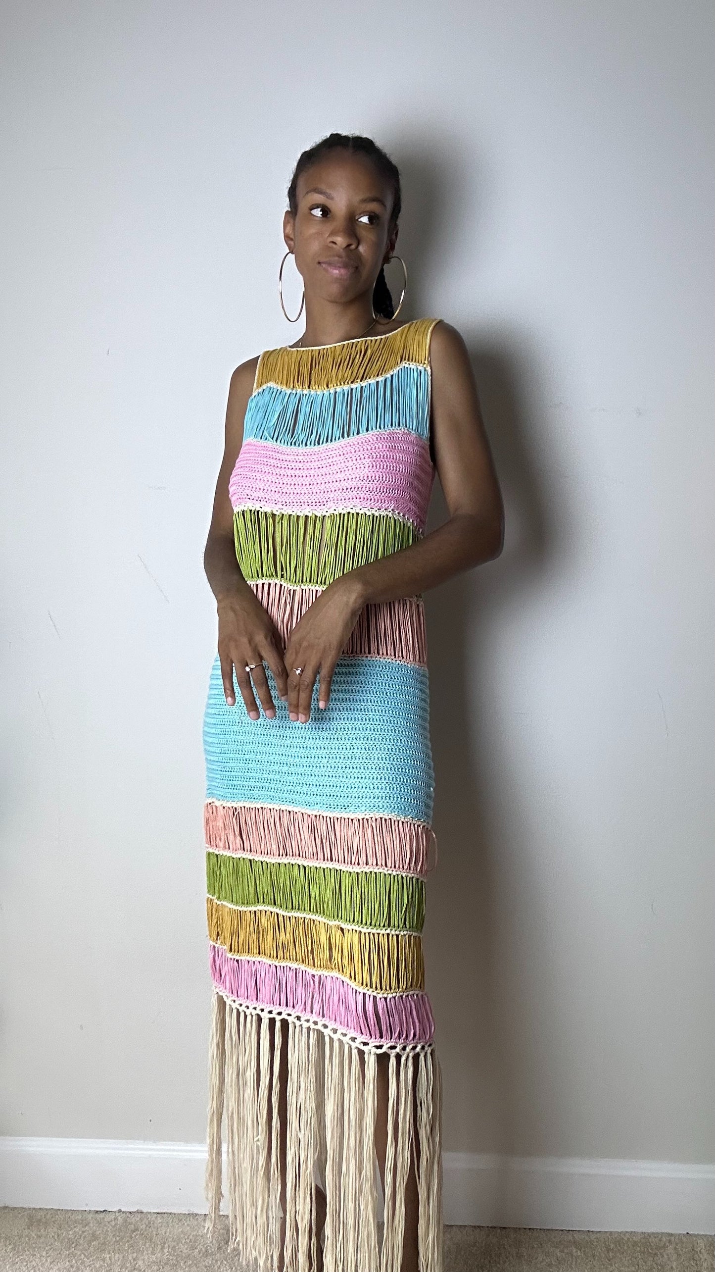 Lost In Paradise Rainbow Fringe Knit Midi Dress