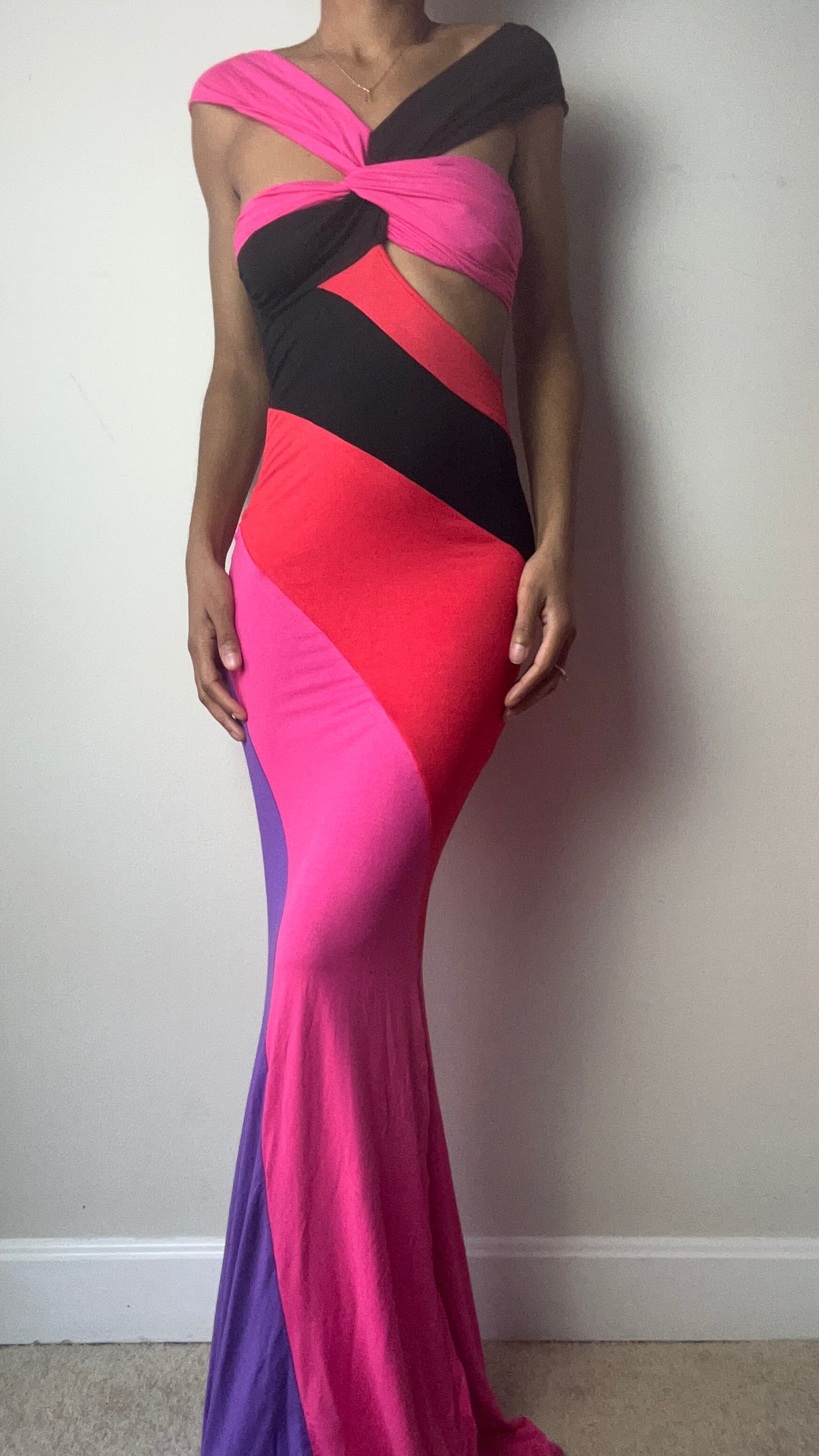 Candy Girl Pink Color Block Off Shoulder Maxi Dress