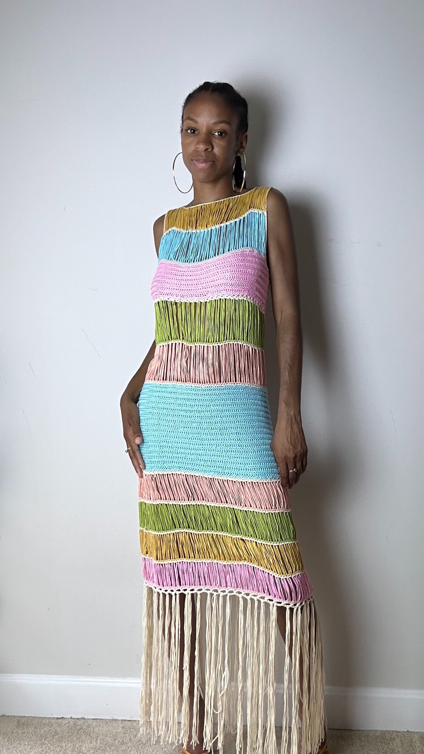 Lost In Paradise Rainbow Fringe Knit Midi Dress