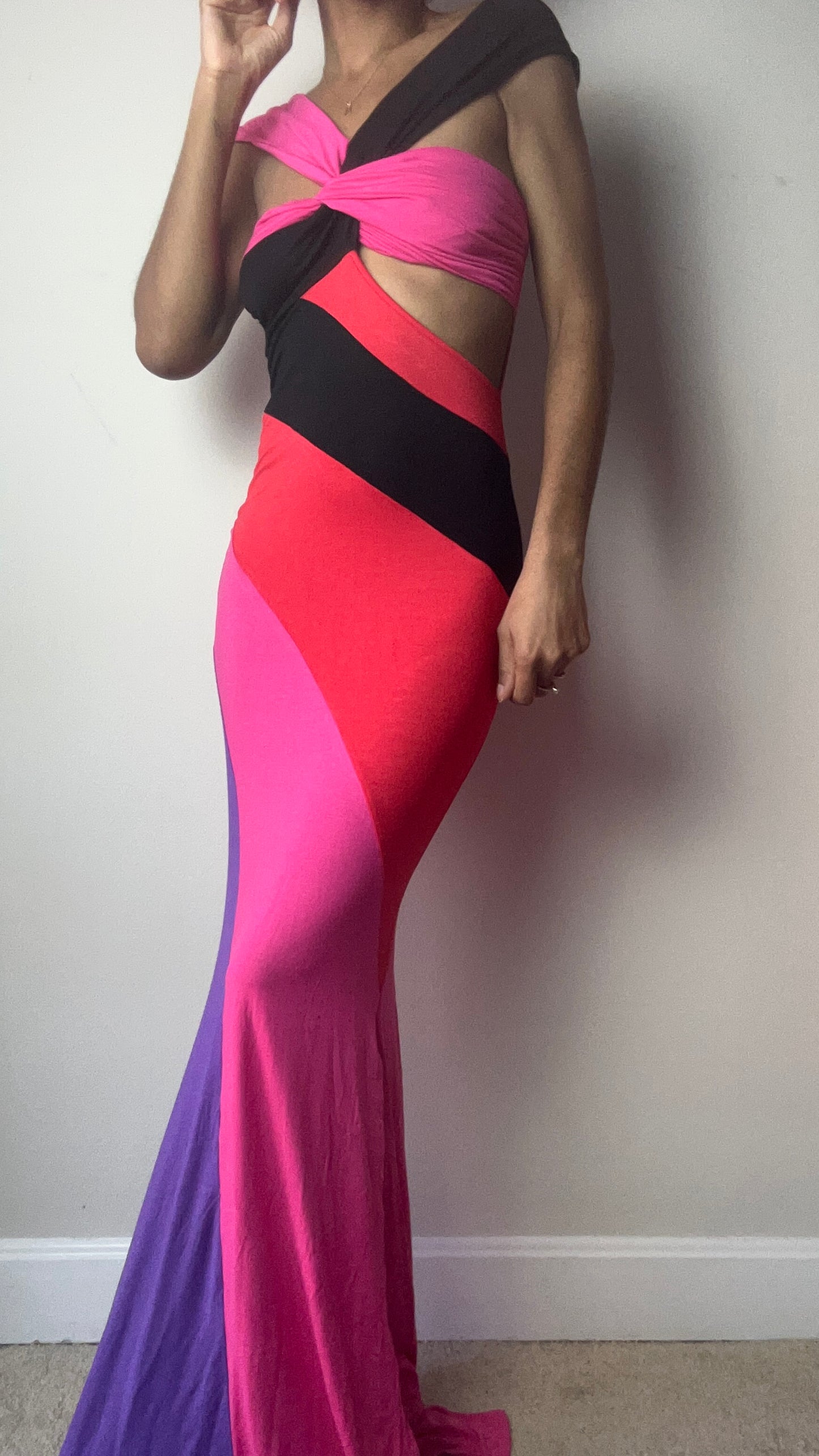 Candy Girl Pink Color Block Off Shoulder Maxi Dress