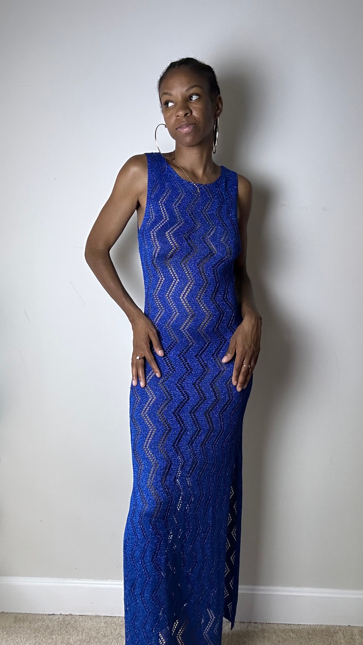 Ocean Blue Metallic Knit Crochet Maxi Dress