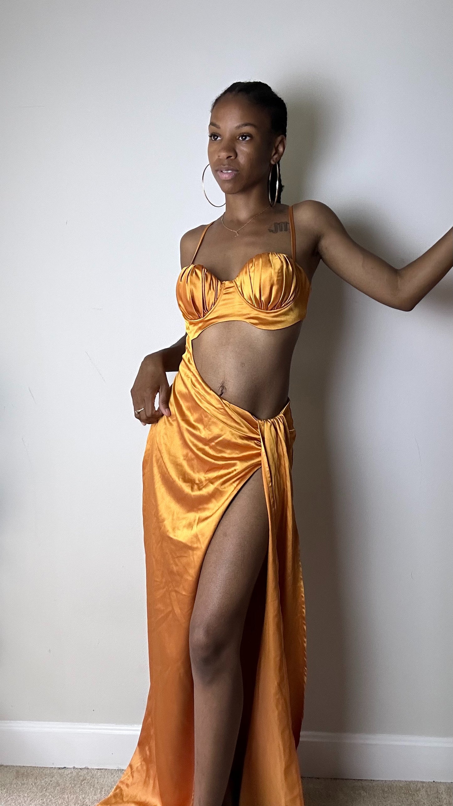 Marigold Satin Cutout Maxi Dress with Thigh Slit