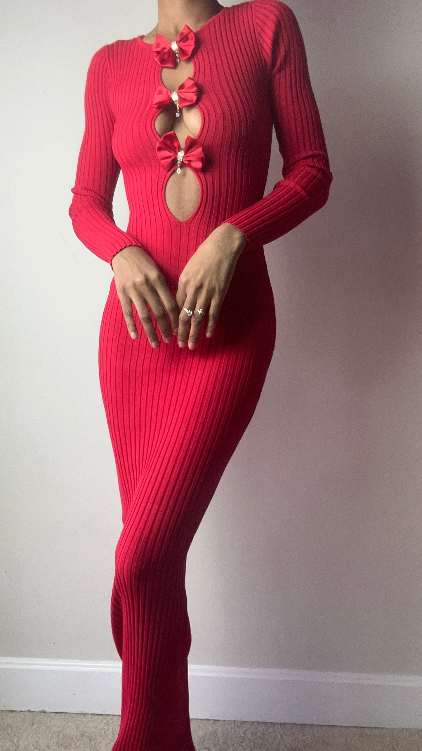 Red Bow Knit Cutout Maxi Dress