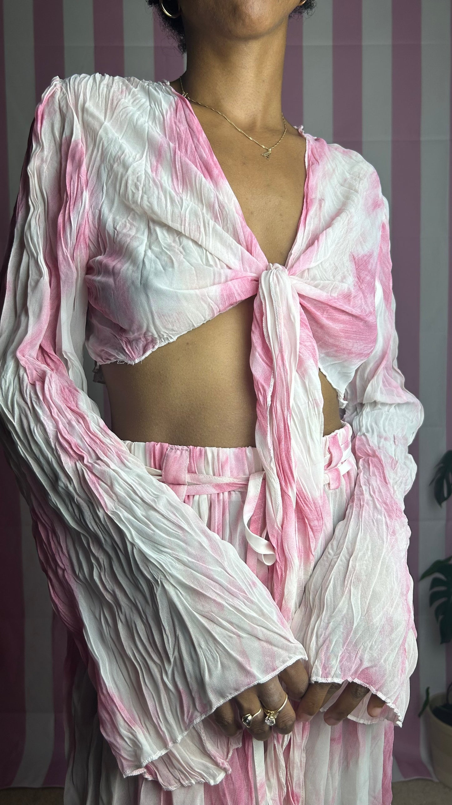 Pink Crinkled Tie Dye Flared Pant Set