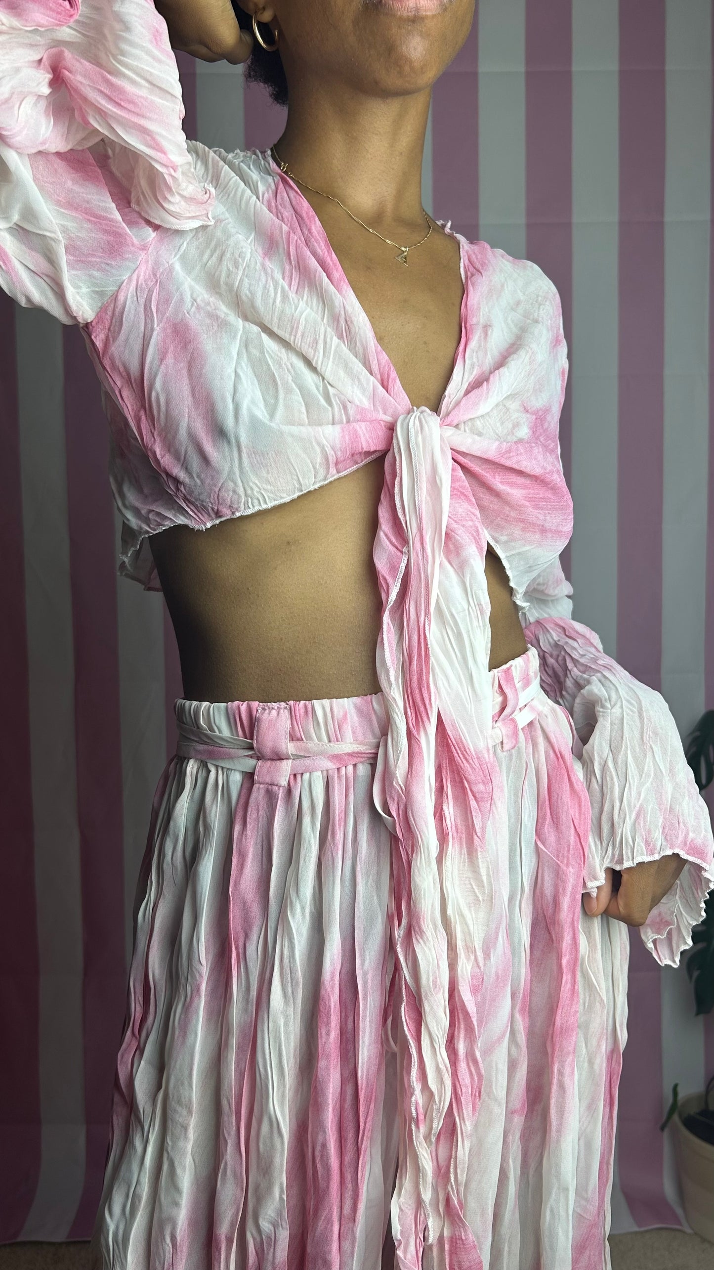 Pink Crinkled Tie Dye Flared Pant Set