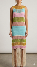 Load image into Gallery viewer, Lost In Paradise Rainbow Fringe Crochet Knit Midi Dress
