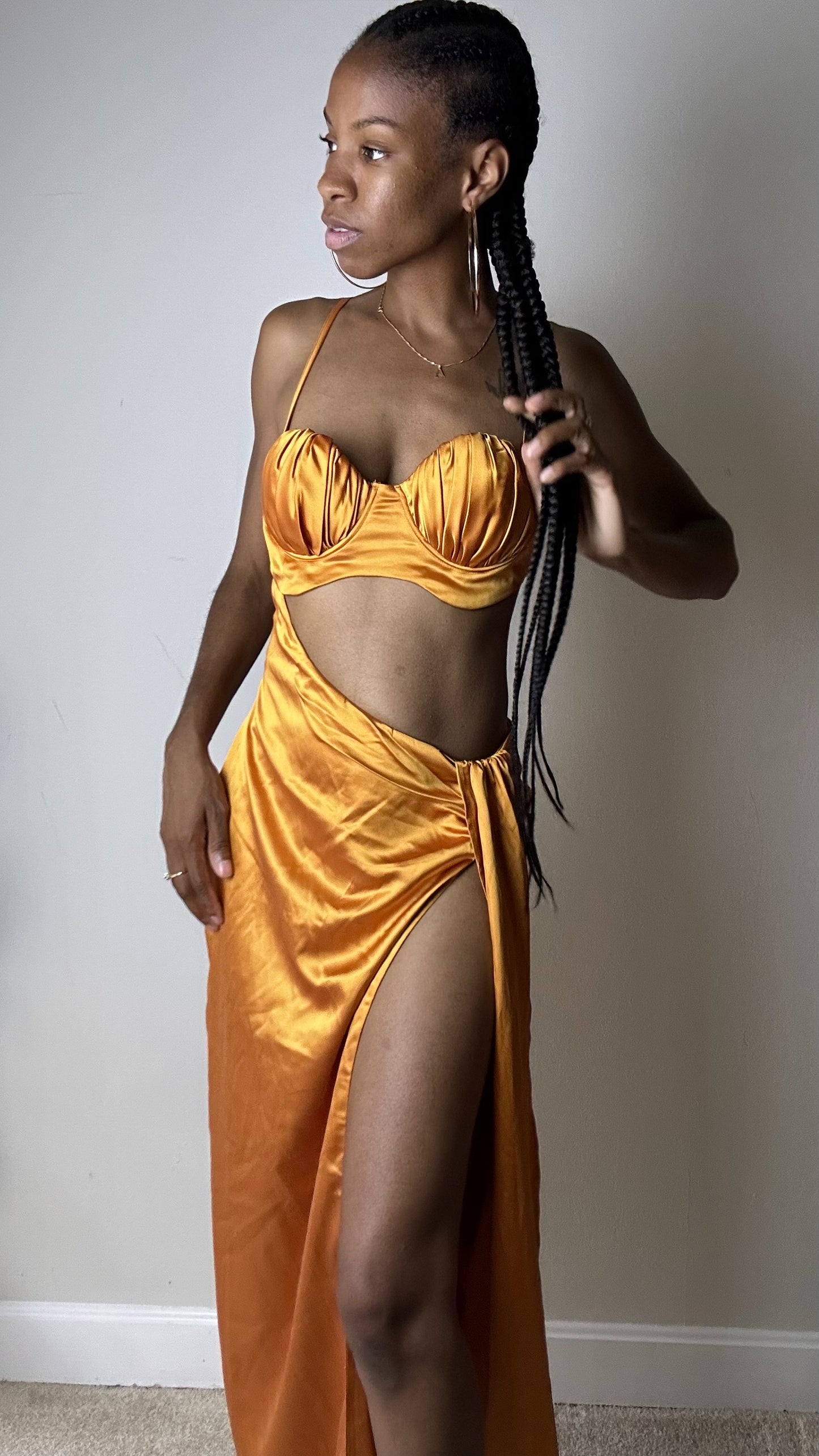 Marigold Satin Cutout Maxi Dress with Thigh Slit