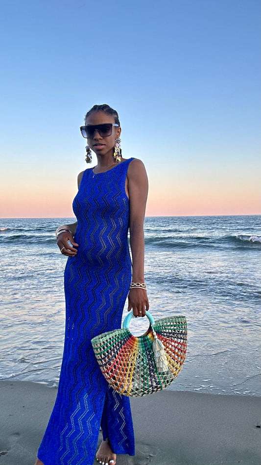 Ocean Blue Metallic Knit Crochet Maxi Dress