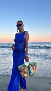 Ocean Blue Metallic Knit Maxi Dress