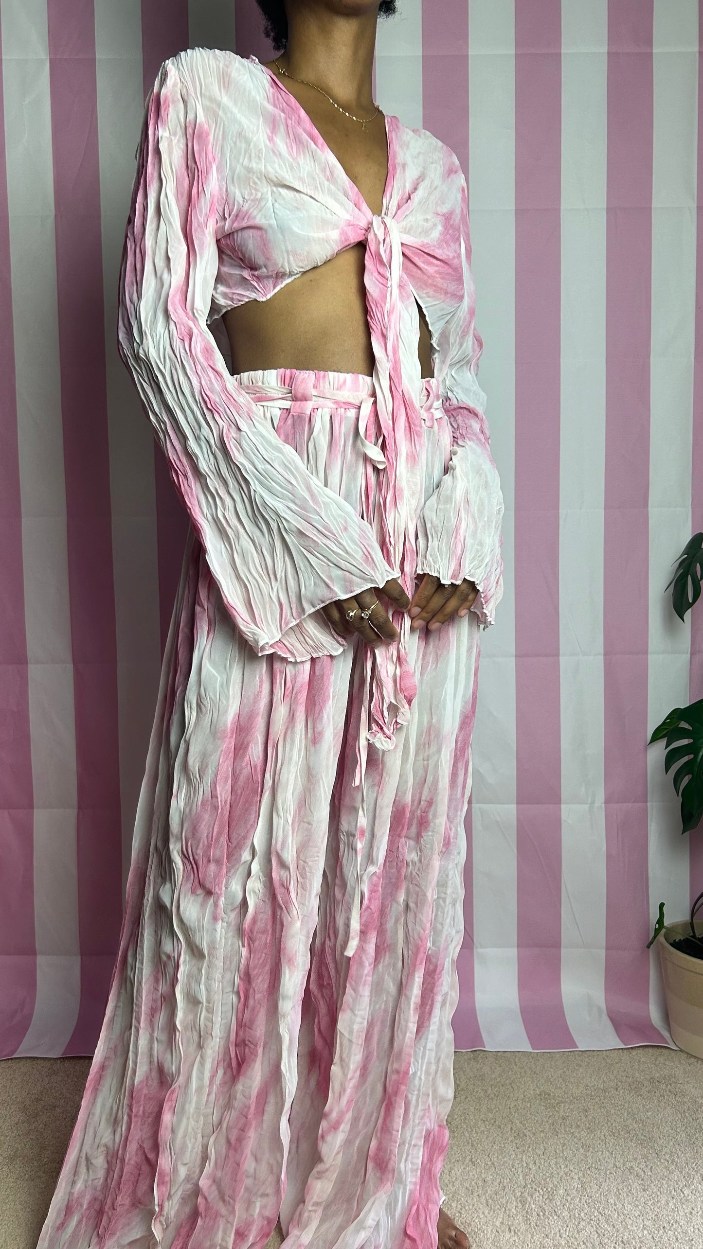 Pink Crinkled Tie Dye Flared Pant Set