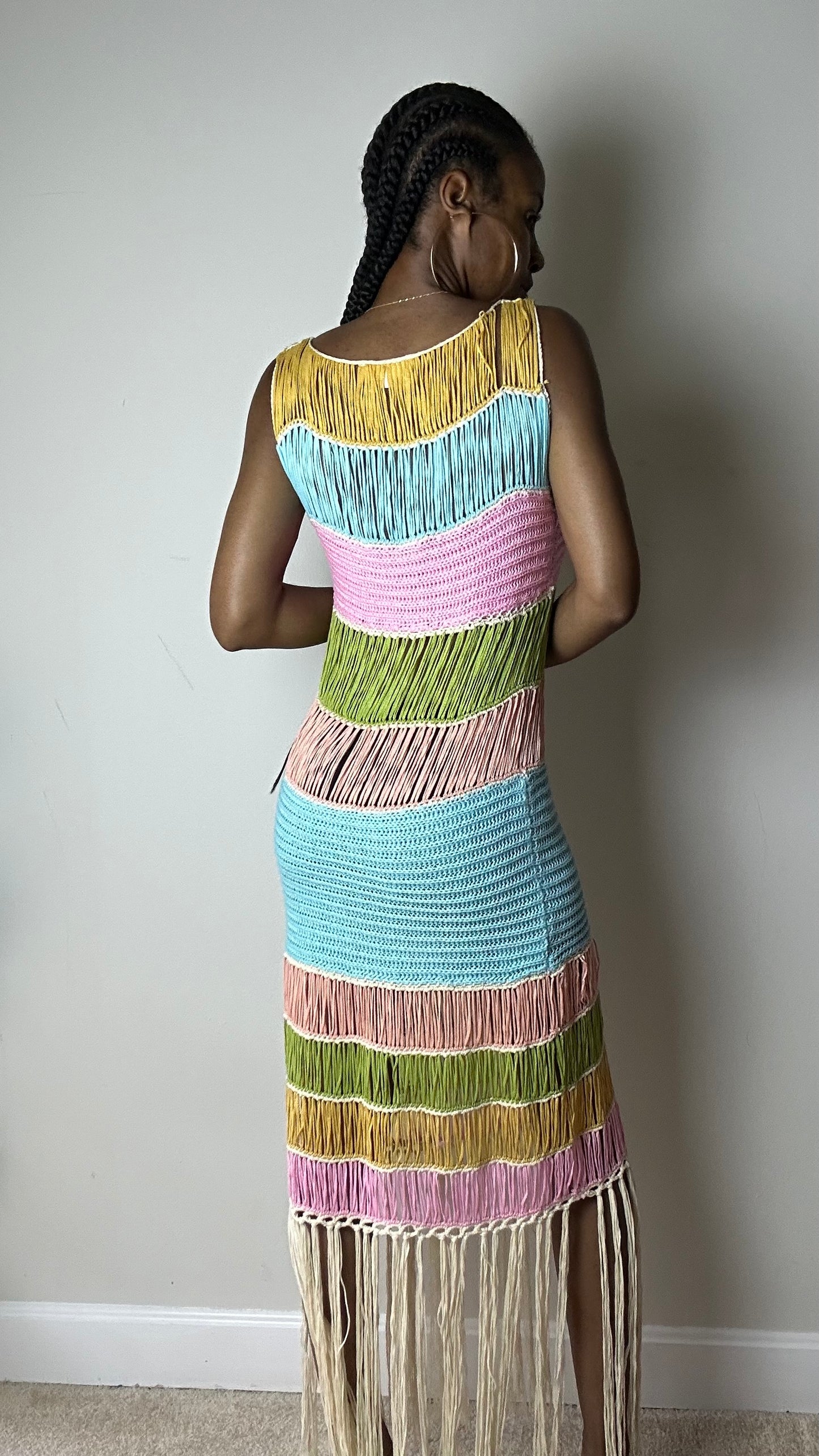 Lost In Paradise Rainbow Fringe Knit Midi Dress