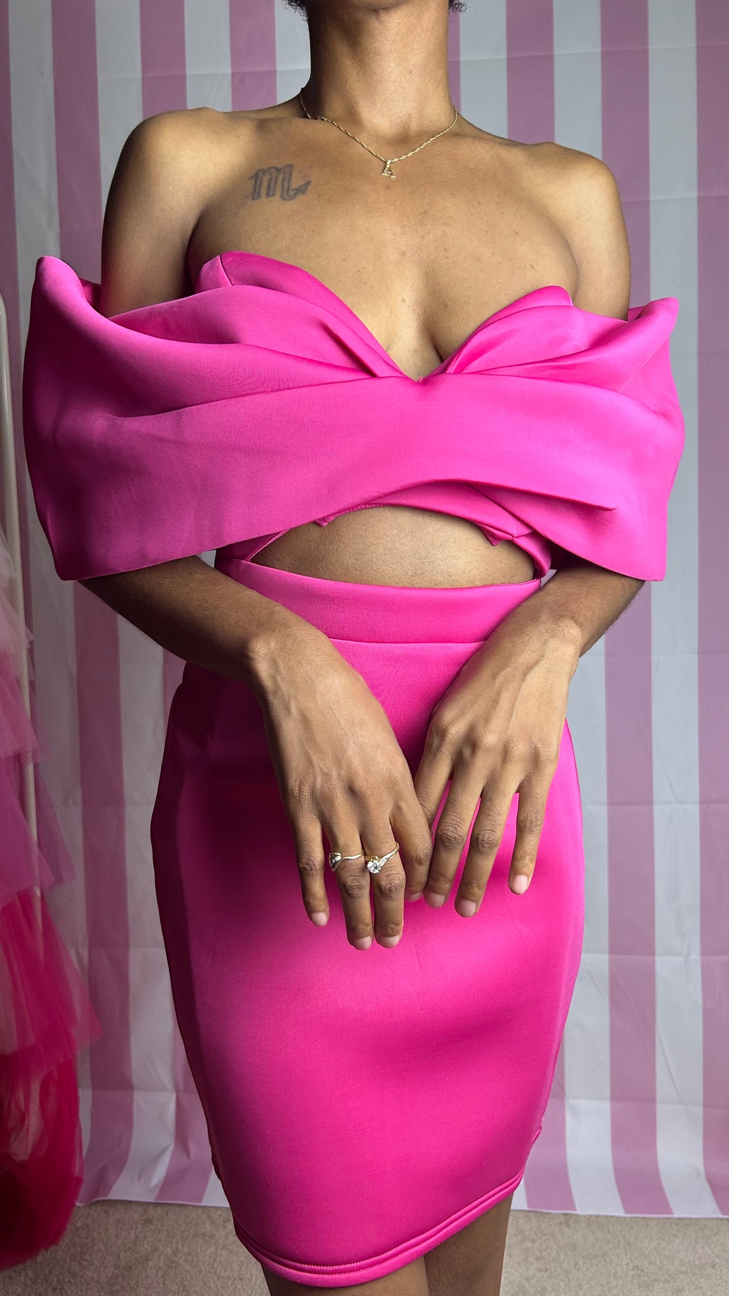 Put a Ribbon On Me Hot Pink Off Shoulder Cutout Dress