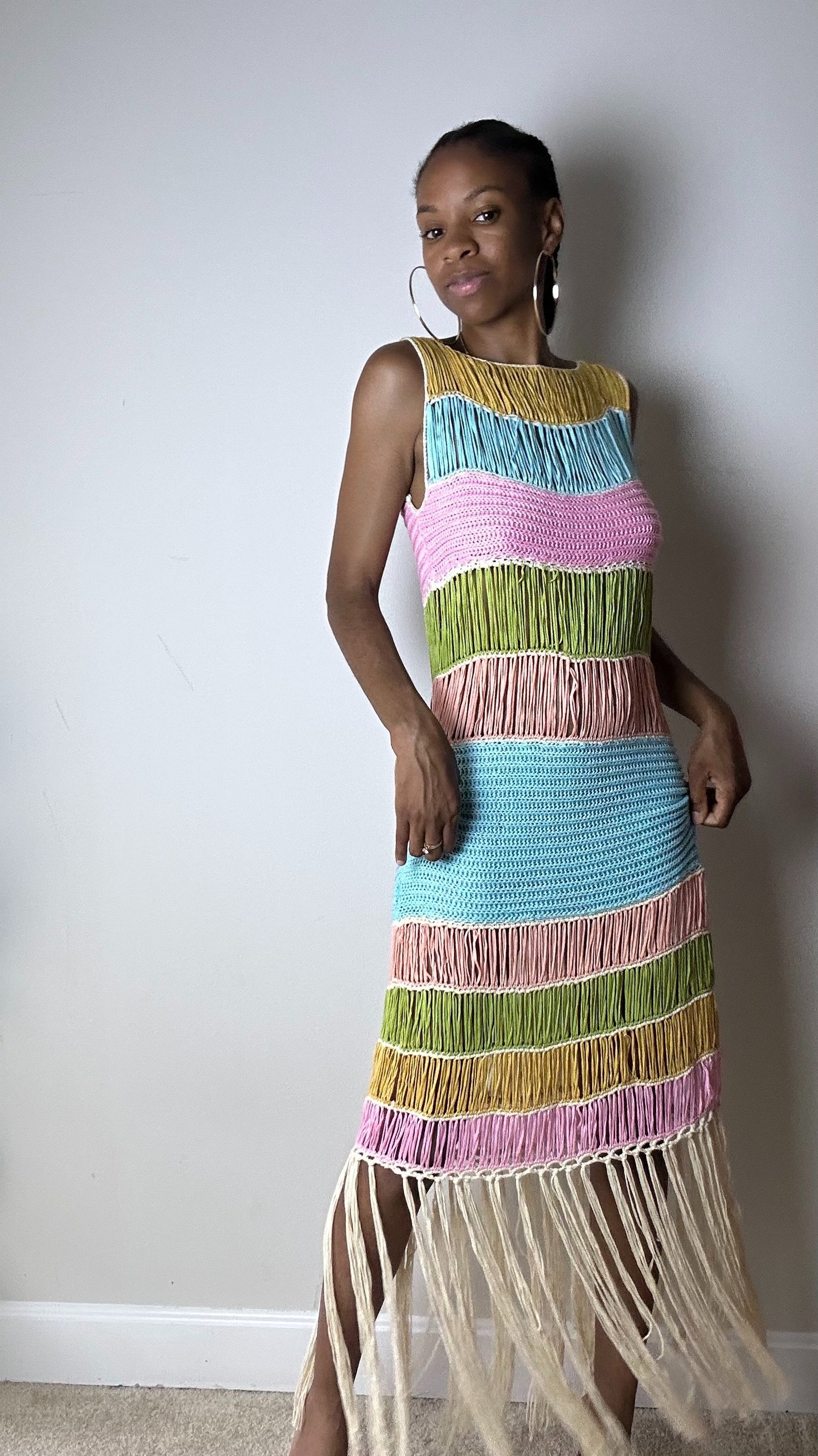 Lost In Paradise Rainbow Fringe Knit Midi Dress