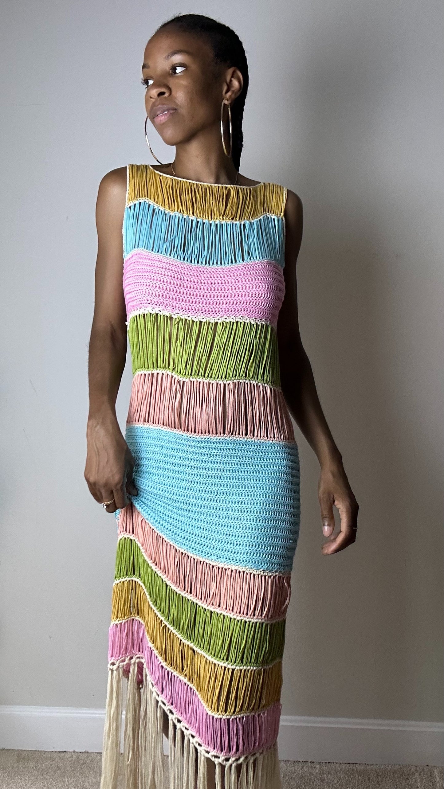 Lost In Paradise Rainbow Fringe Knit Midi Dress