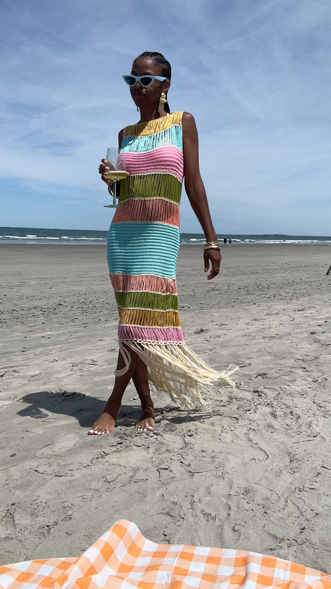 Lost In Paradise Rainbow Fringe Crochet Knit Midi Dress