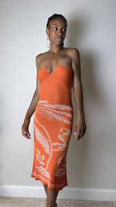 Orange knit printed halter midi dress 