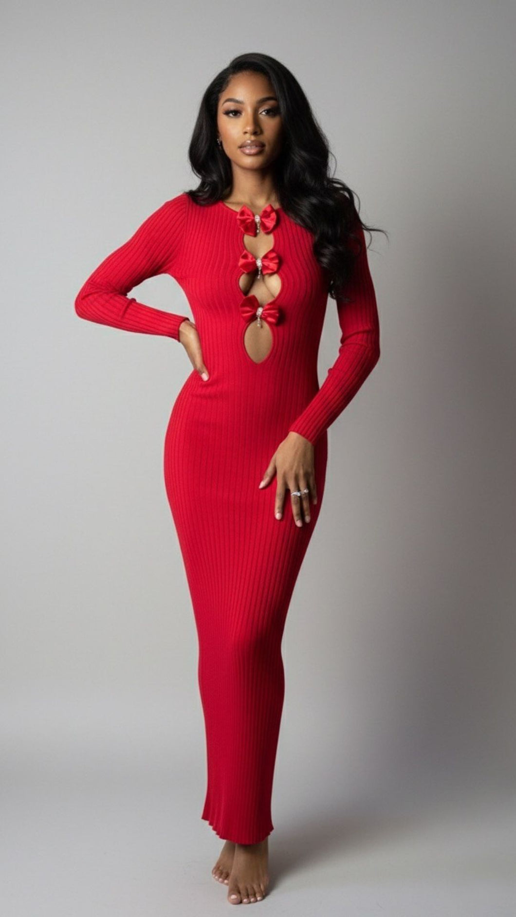 Red Bow Knit Cutout Maxi Dress
