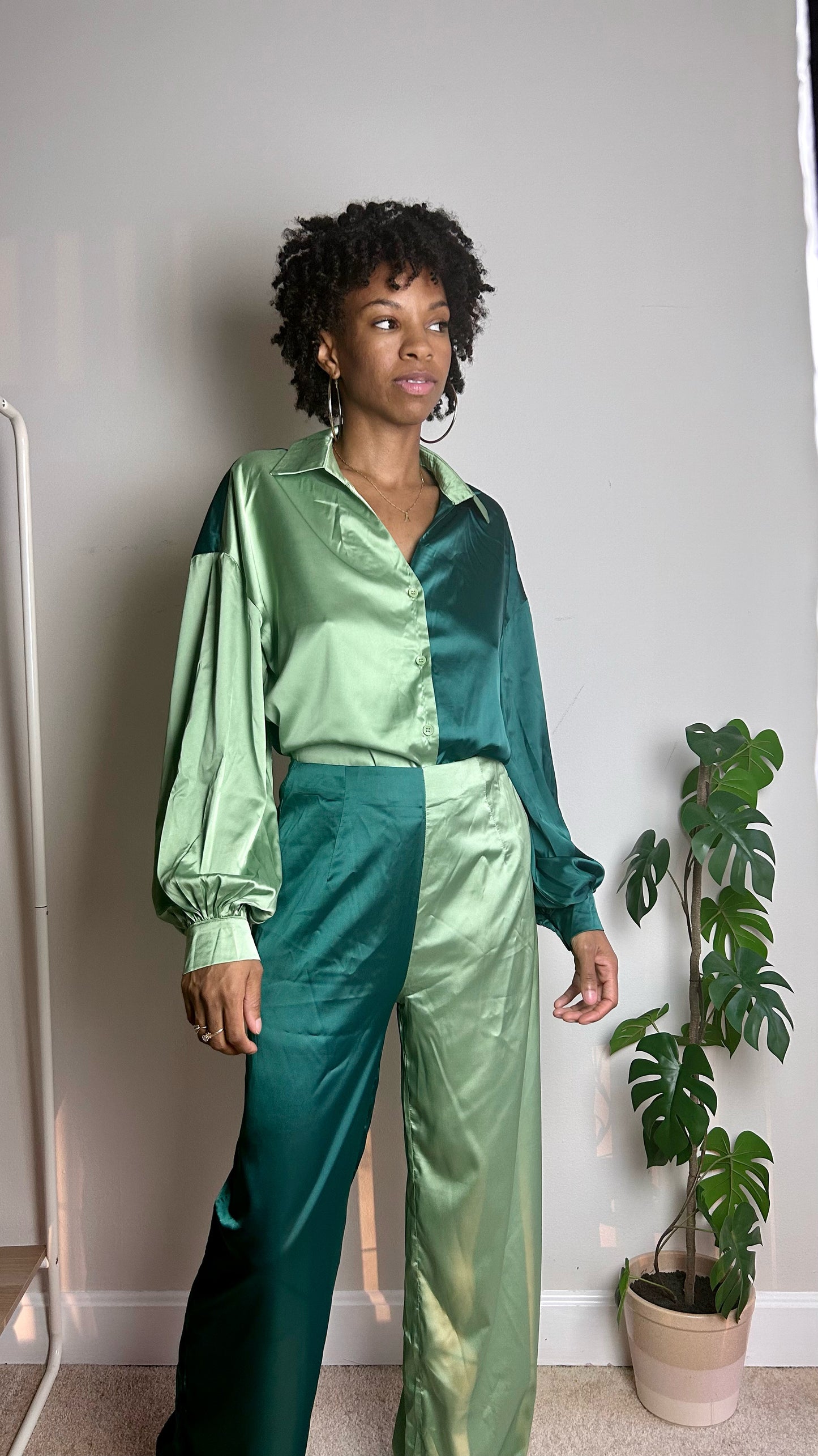 Emerald Green Color Block Satin Pant Set