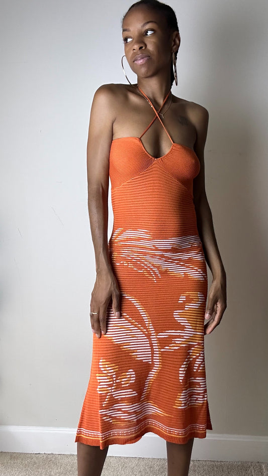 Orange Knit Midi Dress with Palm Print 