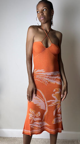 Orange Knit Midi Dress with Palm Print 