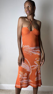 Orange Knit Midi Dress with Palm Print 