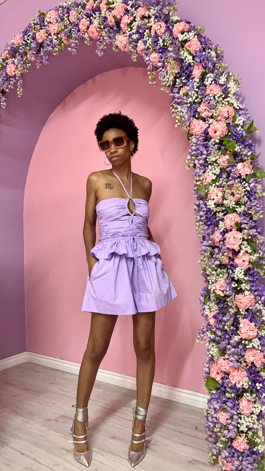 Lilac Ruched Halter Neck Peplum Romper