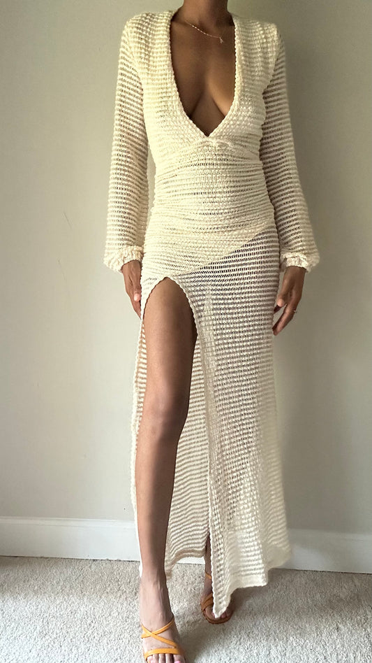 Fly Me Out Cream Crochet Maxi Dress