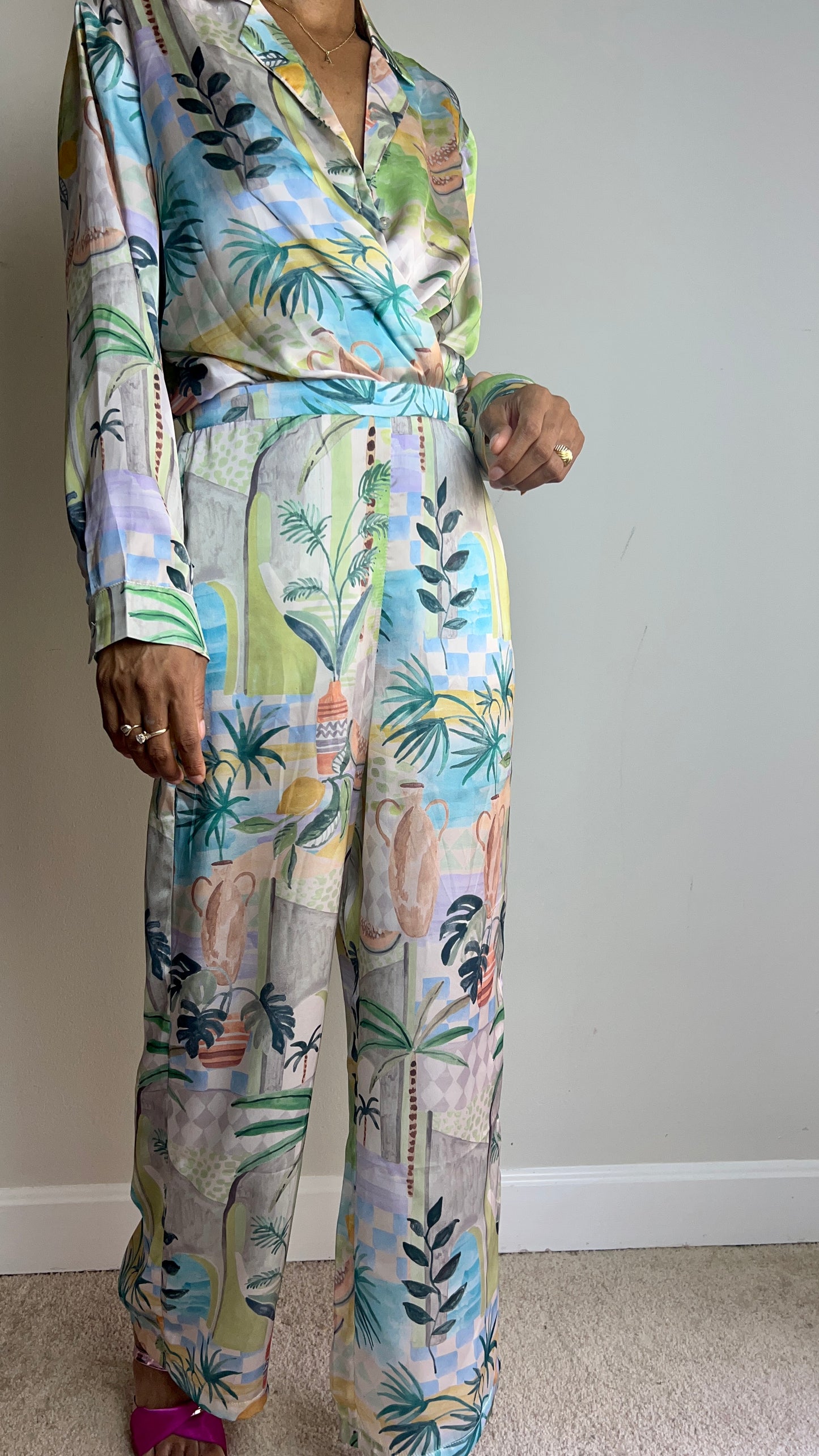 Palm Springs Tropical Print Satin Pant Set