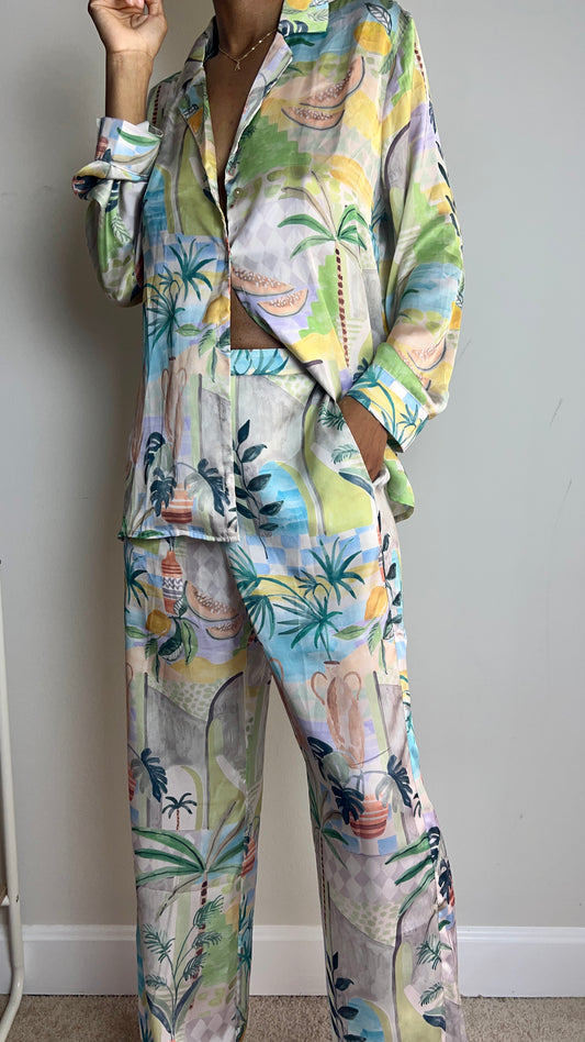 Palm Springs Tropical Print Satin Pant Set