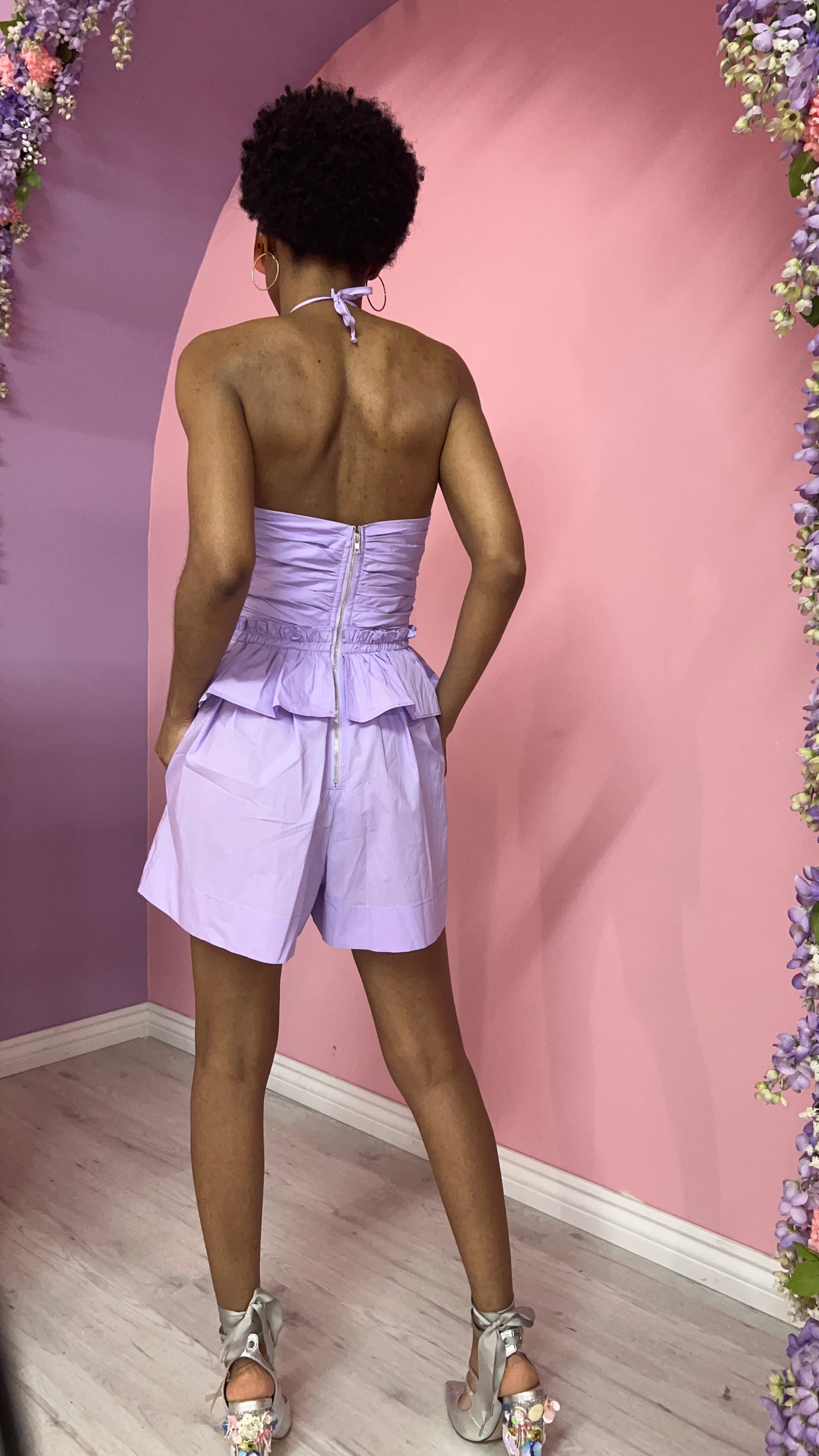 Lilac Ruched Halter Neck Peplum Romper