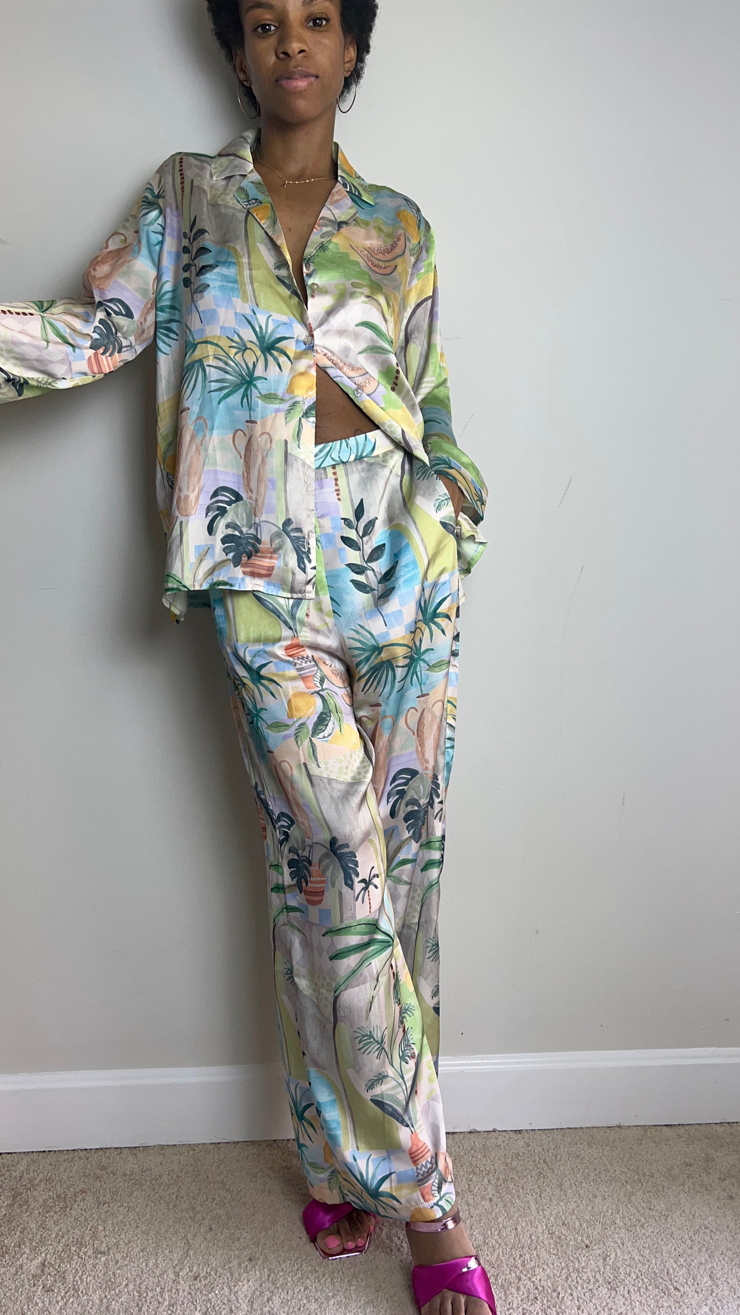 Palm Springs Tropical Print Satin Pant Set