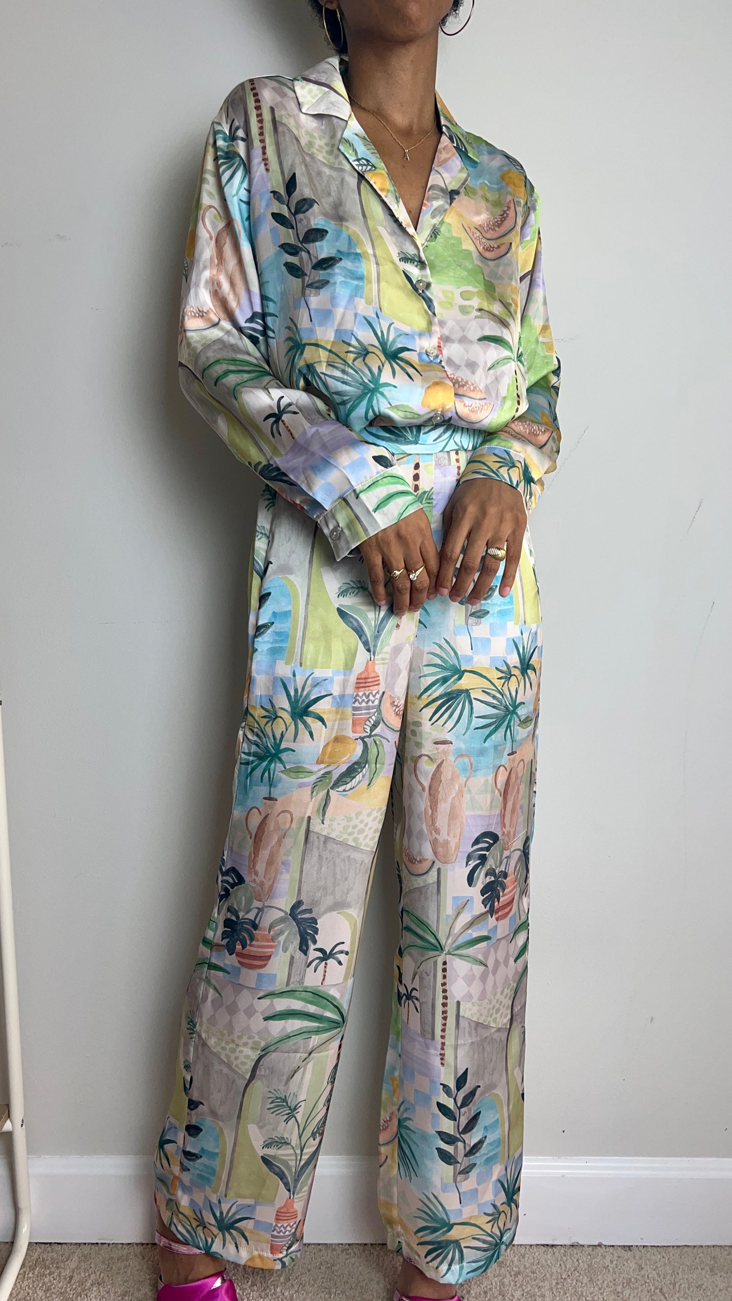 Palm Springs Tropical Print Satin Pant Set