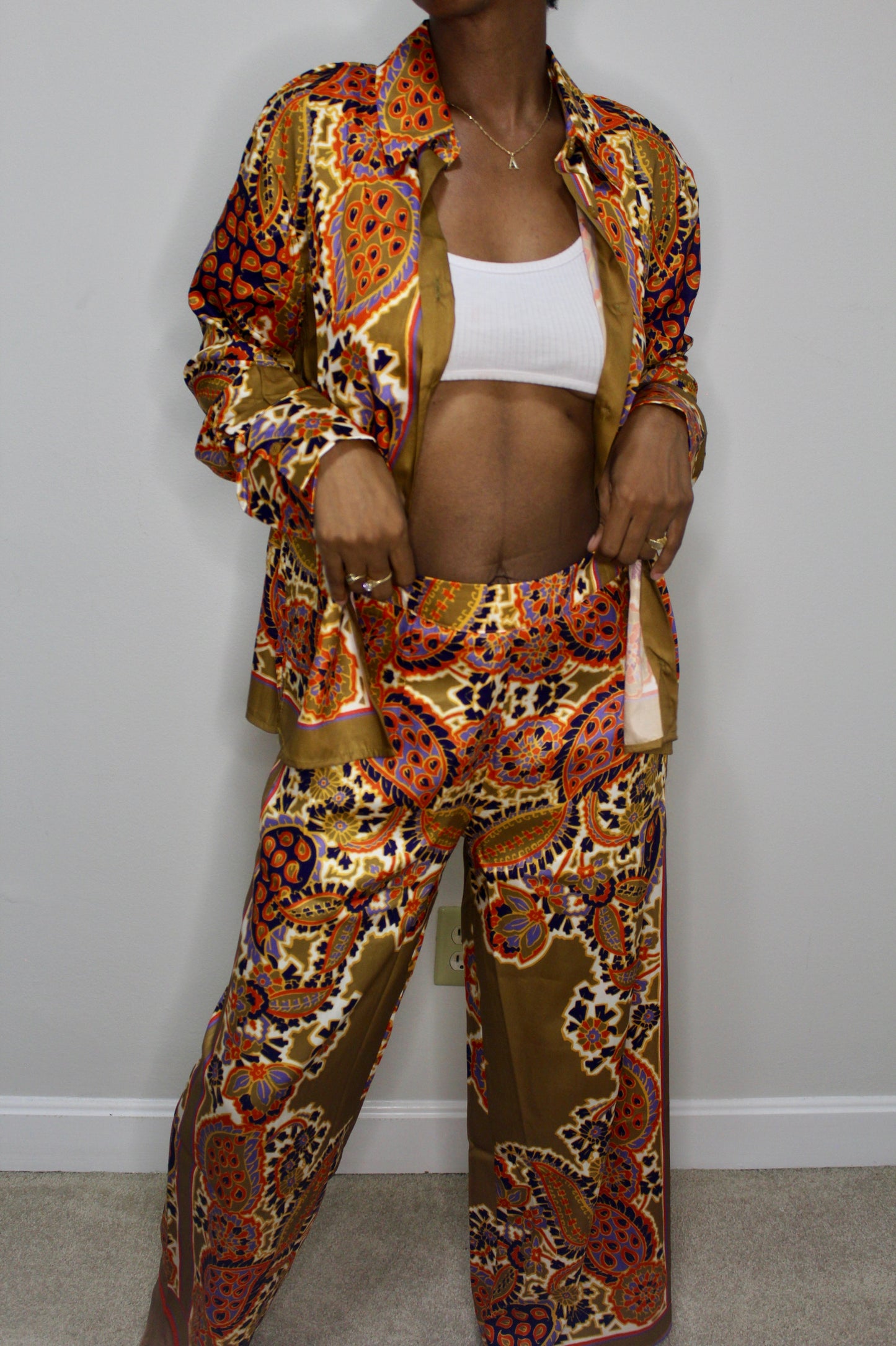 Everything's Golden Paisley Print Satin Pants