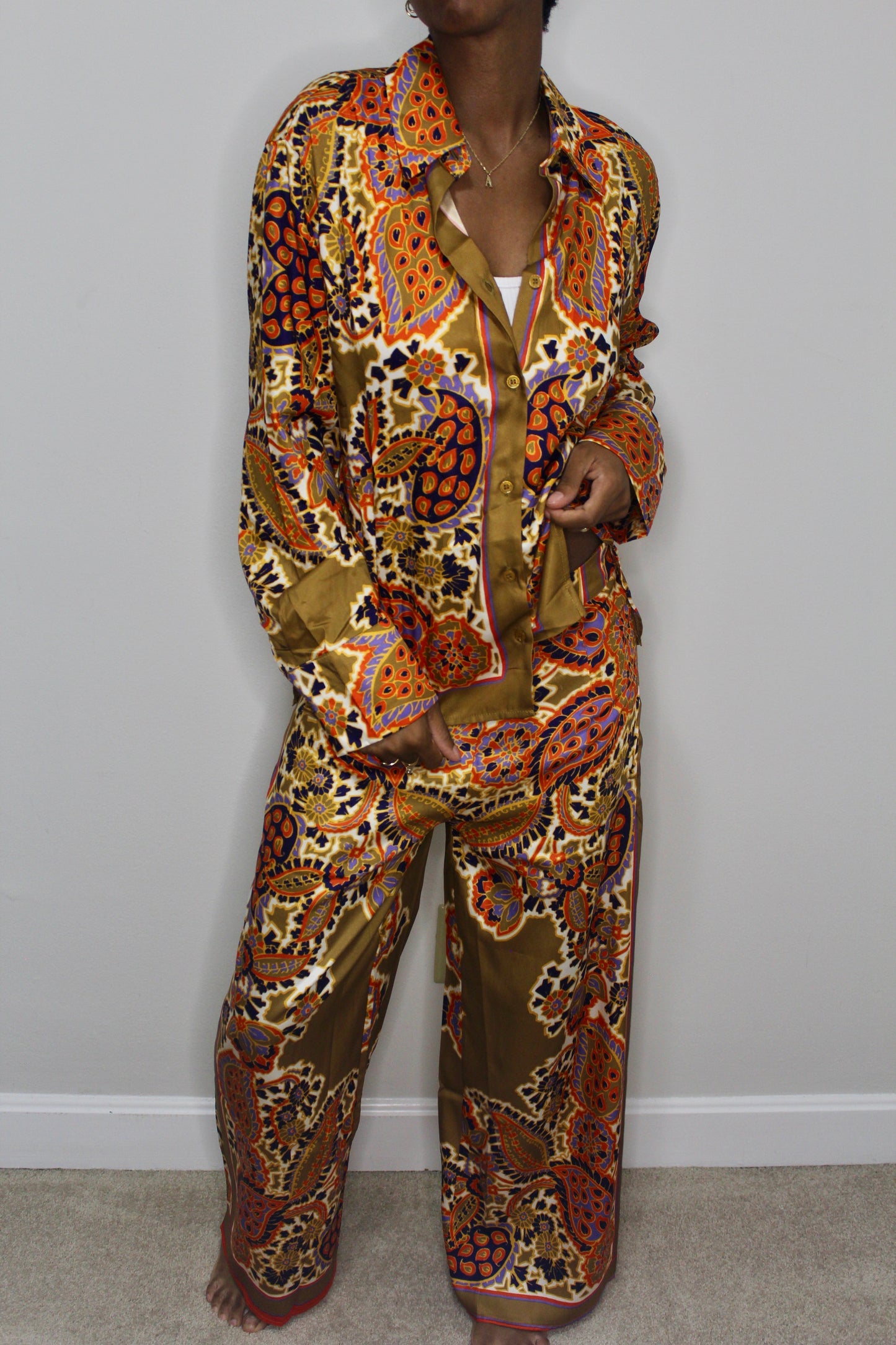 Everything's Golden Paisley Print Satin Pants