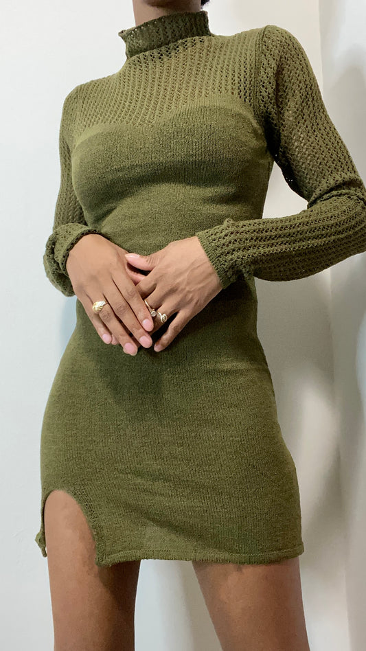 Mesh On My Sleeve Mock Neck Knit Mini Dress - Dark Olive