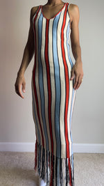Load image into Gallery viewer, Worth The Tassle Striped Fringe Midi Dress
